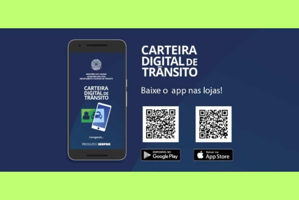 Carteira Digital de Trânsito, app disponível, QR codes.