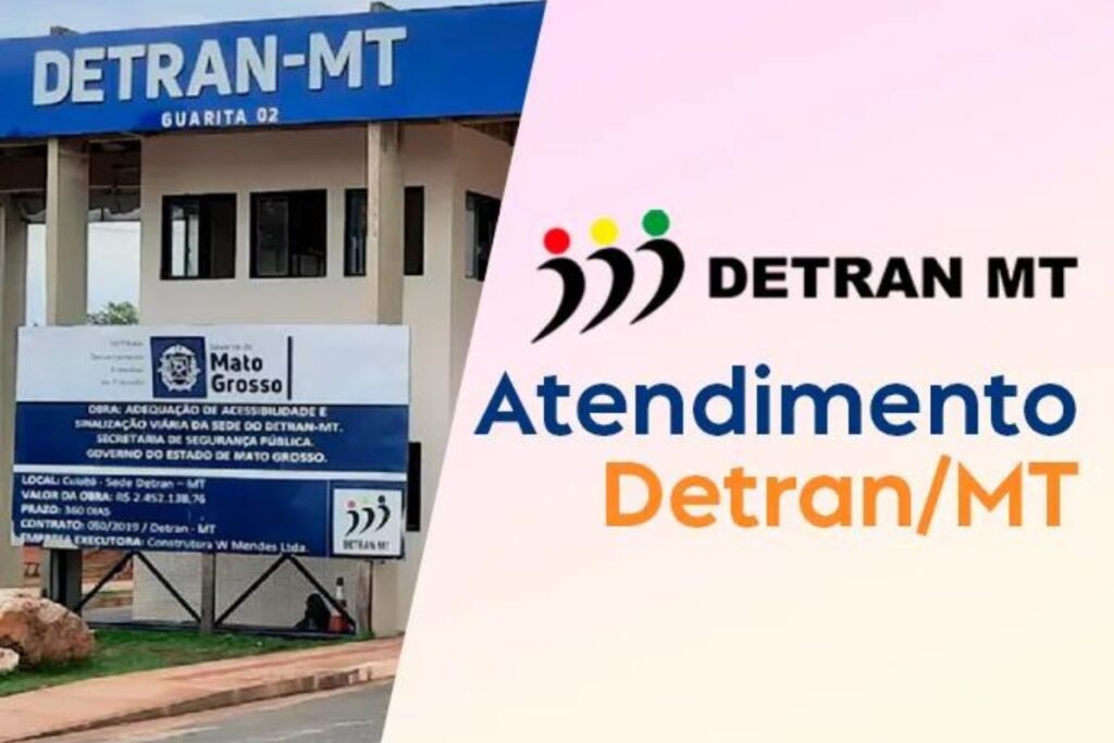 Fachada e logo do DETRAN-MT, atendimento.