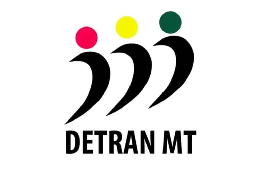 Logo DETRAN MT com três figuras coloridas.