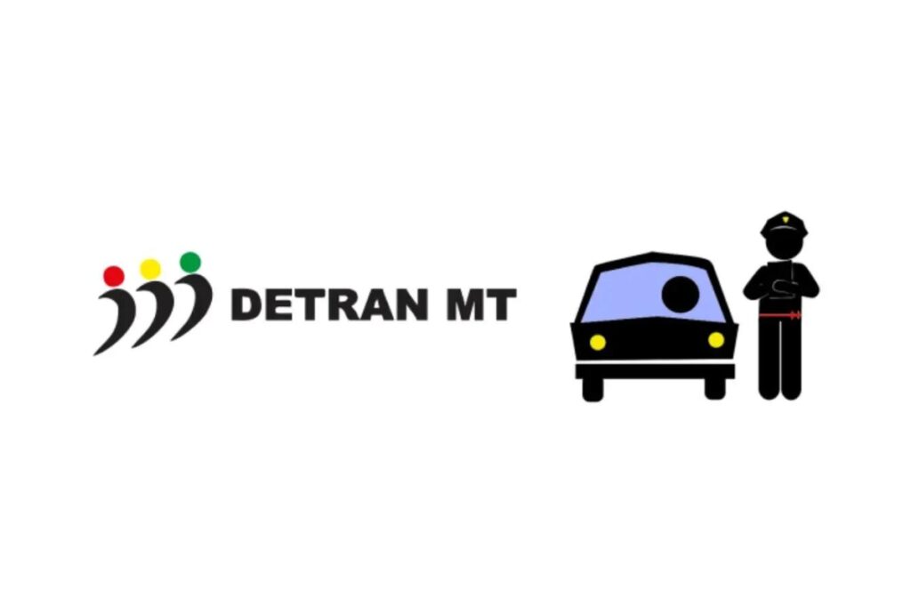 Logotipo DETRAN MT com carro e policial ilustrados.