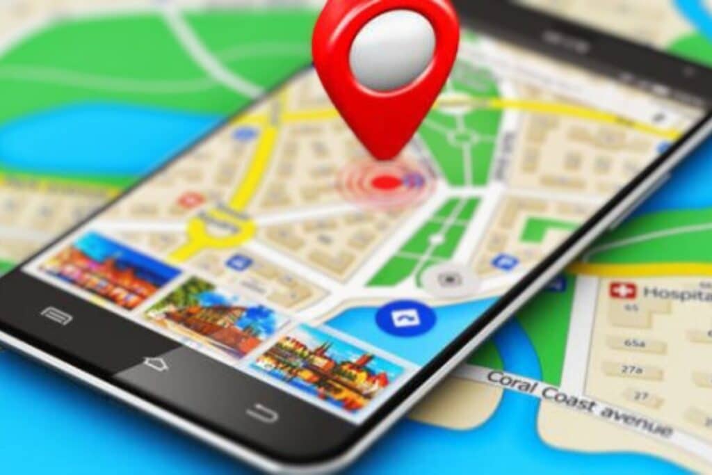 Smartphone com mapa e marcador de localização.