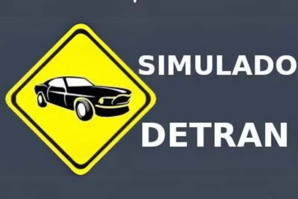 Placa amarela "SIMULADO DETRAN" com carro desenhado.