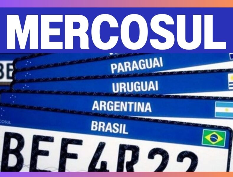 Placas veiculares padrão Mercosul de diferentes países.
