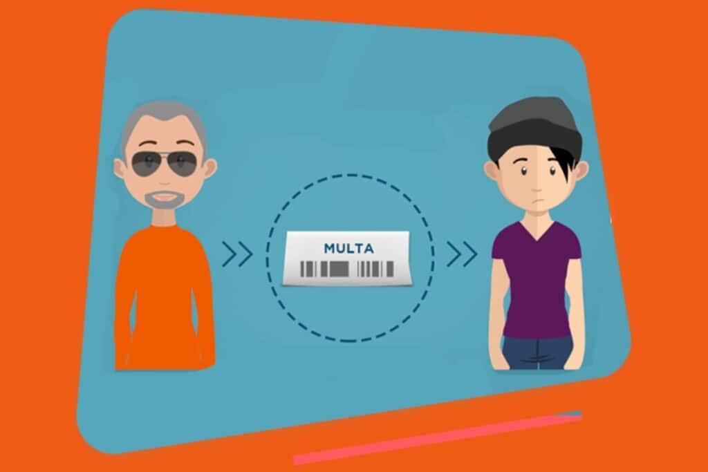 Ilustração de dois homens com código de barras 'MULTA'.