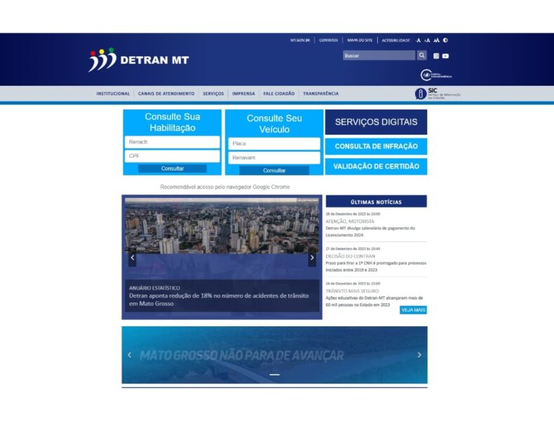 Página inicial do site DETRAN MT, serviços online.
