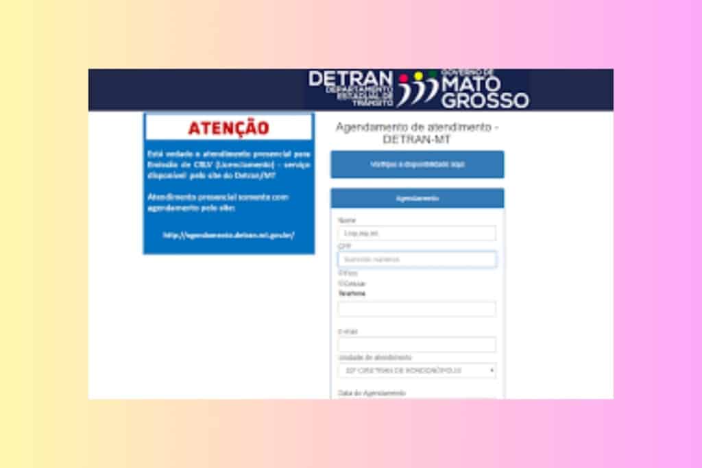 Tela de agendamento online do DETRAN-MT.