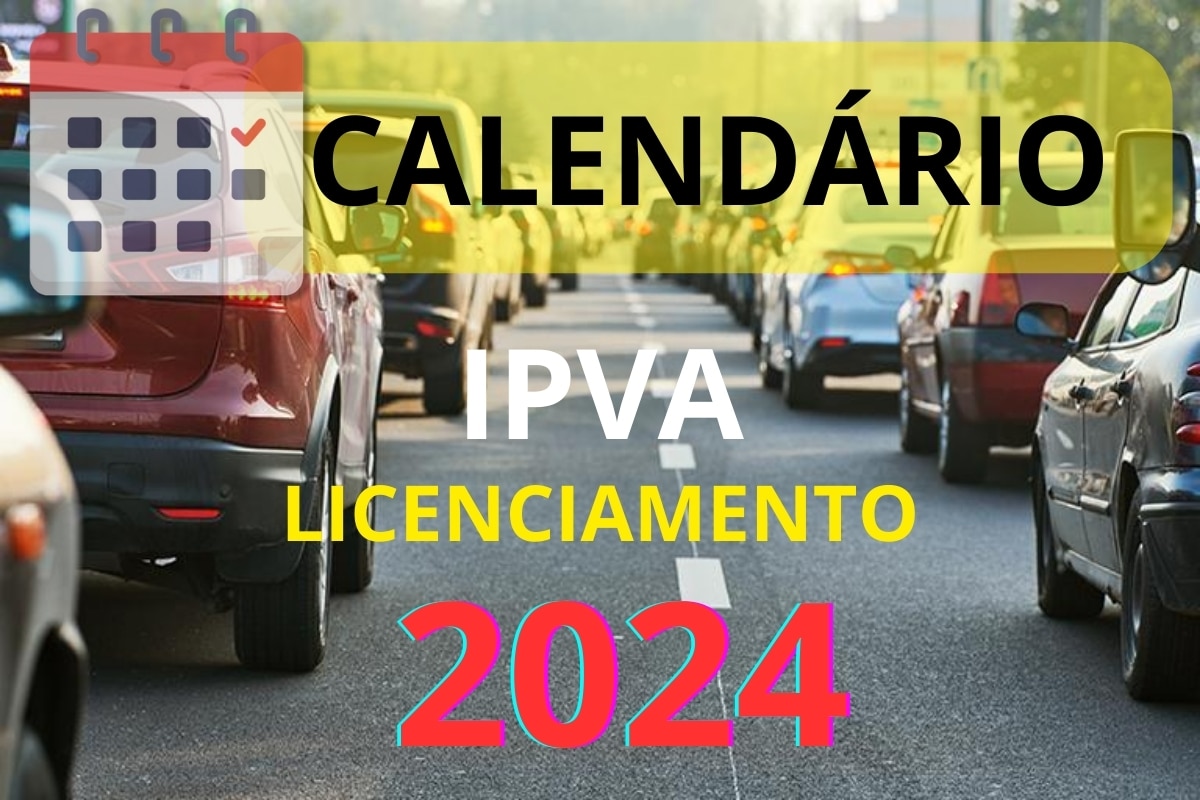 Calendário IPVA e licenciamento 2024, trânsito ao fundo.