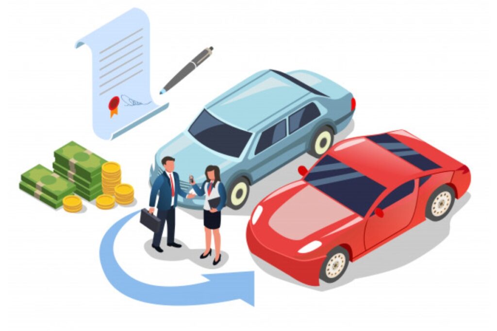 Ilustração de compra e venda de carros.