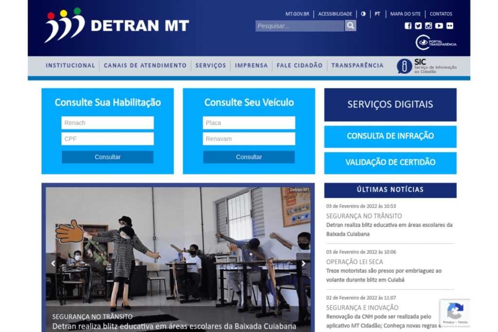 Site Detran MT, serviços, notícias e consultas.