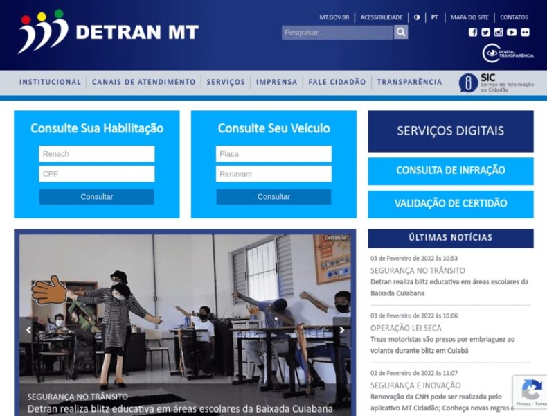 Site Detran MT, serviços, notícias e consultas.