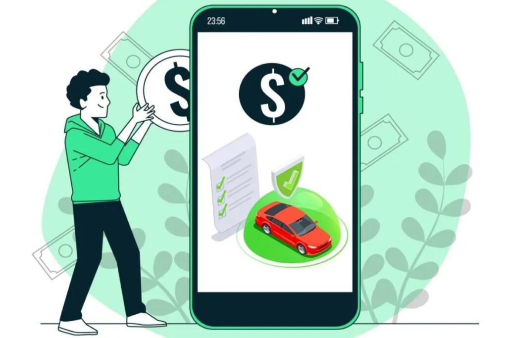 Homem, celular, carro, finanças, aplicativo, ilustração.