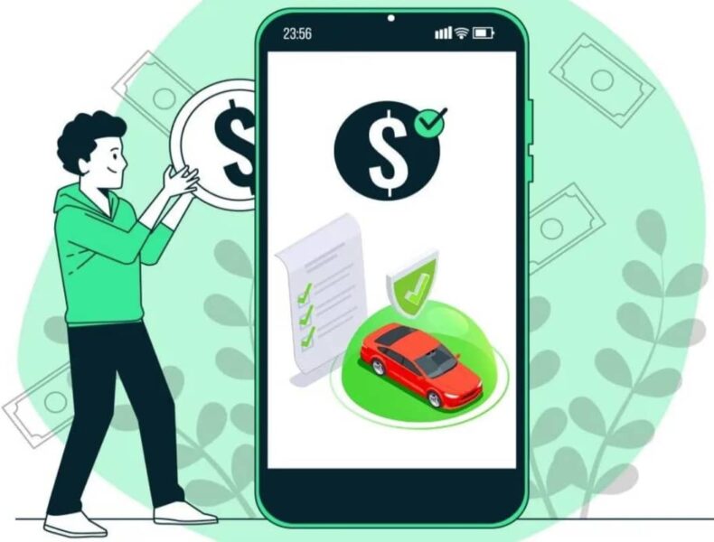 Homem, celular, carro, finanças, aplicativo, ilustração.